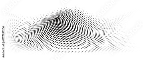 Flowing Wave Dot Halftone Pattern: Curve Gradient Shape on Transparent Background. Suitable for AI, Tech, Network, Digital, Science, and Technology Themes.