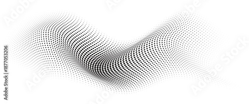 Flowing Wave Dot Halftone Pattern: Curve Gradient Shape on Transparent Background. Suitable for AI, Tech, Network, Digital, Science, and Technology Themes.