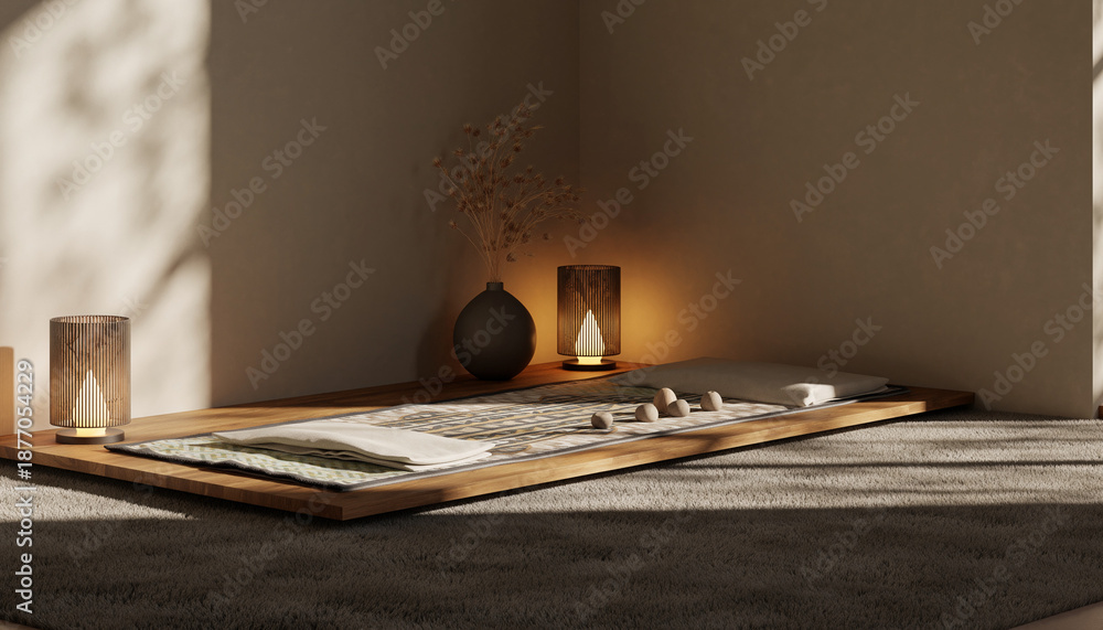 Obraz premium Serene meditation space with warm lighting and natural textures