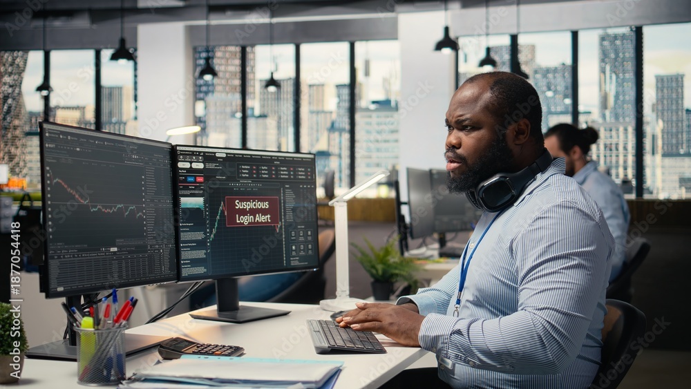 Fototapeta premium Prop firm day trader panicked by suspicious login attempt warning on trading software interface. Brokerage company worker seeing security alert notification of unauthorized login activity