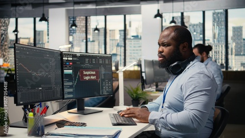 Valokuva Prop firm day trader panicked by suspicious login attempt warning on trading software interface