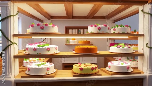 Delicious Cakes Displayed In A Cozy Bakery Window.