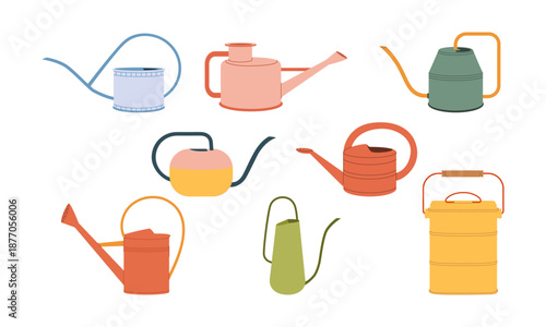 Set of colorful garden watering cans in flat vector style. Decorative collection of gardening tools isolated on white, perfect for spring, gardening, farming and outdoor design projects.
