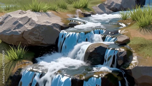 Sunlit Cascade Over Rocks in Tranquil Nature.