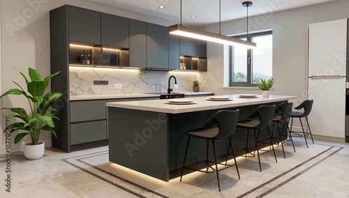 Modern Kitchen Island Design With Bar Seating And Plants.
