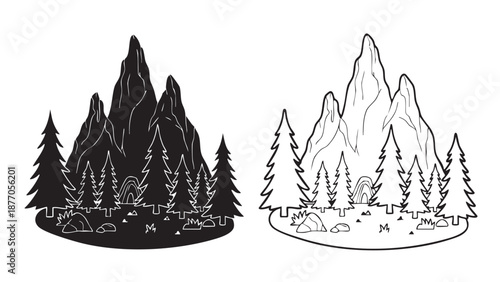 Vector illustration set of Christmas trees and winter forest icons featuring snow-covered pine and fir landscapes for holiday celebration and New Year greeting card decoration