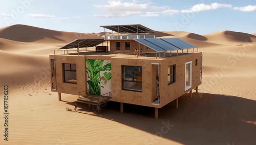Desert Dunes Tiny Wooden House Trailer Surrounded by Sand.