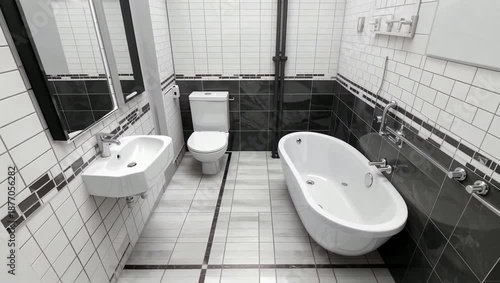 Monochrome modern bathroom with tub toilet and sink.