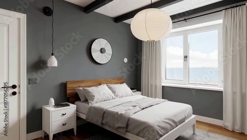 Cozy modern bedroom with gray walls and soft lighting.