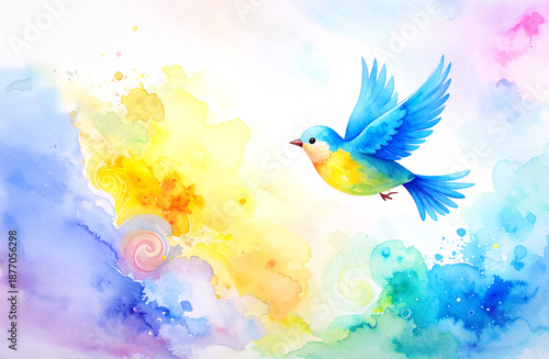 Bluebird of Happiness in a vibrant, uplifting, romantic, dreamy, composition featuring pastel colors. 