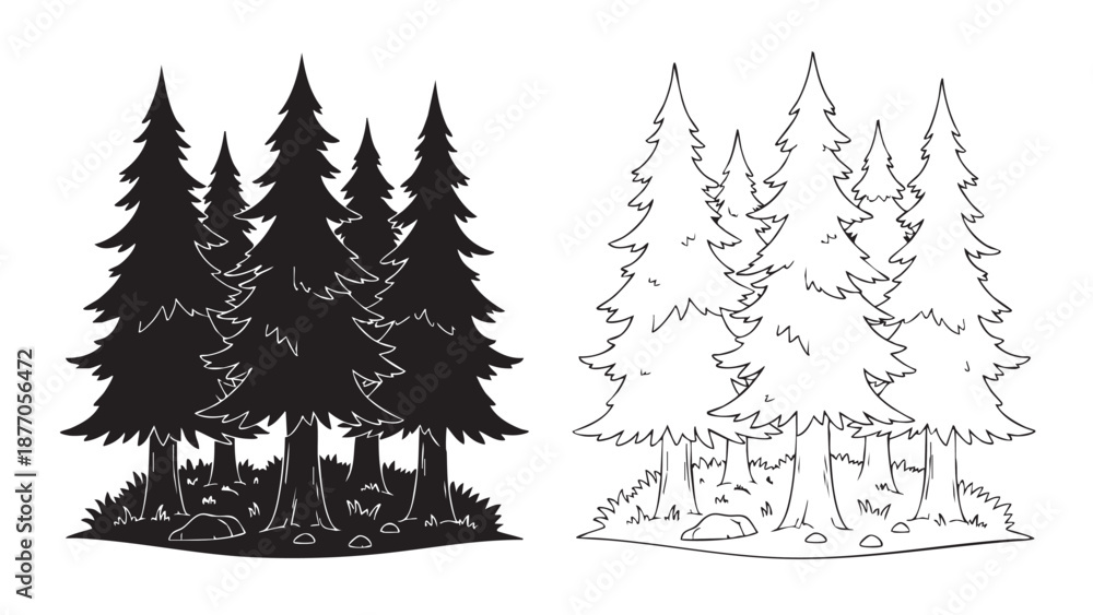 Fototapeta premium Christmas tree vector illustration of a festive winter pine forest with snowflakes and holiday decoration design