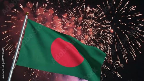 Bangladesh flag waving proudly with vibrant fireworks display in the night sky celebration