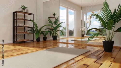 Serene Home Yoga Studio With Green Plants And Sunlit Wooden Floor.
