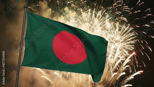 Bangladesh flag waving proudly against a backdrop of vibrant fireworks display