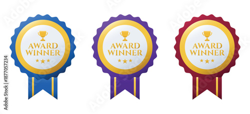 Collection of award winner achievement medals with colorful ribbons and gold trophy