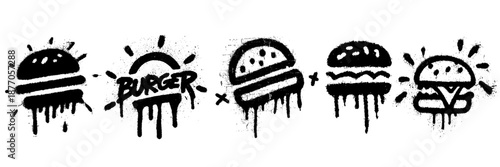 Grunge graffiti burger icons set with dripping spray paint street food symbols isolated on white