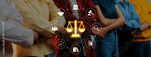 Photos A diverse group stands united, embodying justice and equality while displaying icons of law and support