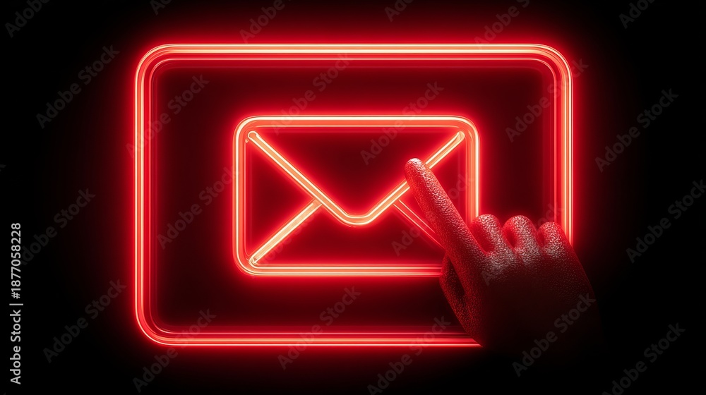 Fototapeta premium Finger touching glowing red email icon on dark background