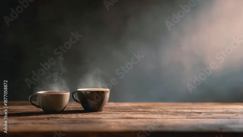 Hot Coffee Mugs on Wooden Table © darshika
