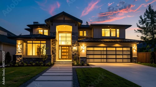 Luxury Modern House Exterior Facade at Dusk with Dramatic Sunset Sky