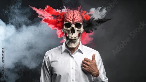 Man with Skull and Brain Explosion, Abstract Smoke and Color Burst