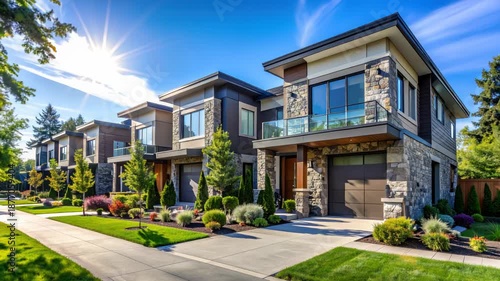 Modern Townhouses with Stone Facade in Sunny Suburban Neighborhood