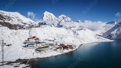The view of Gokyo Village in Nepal