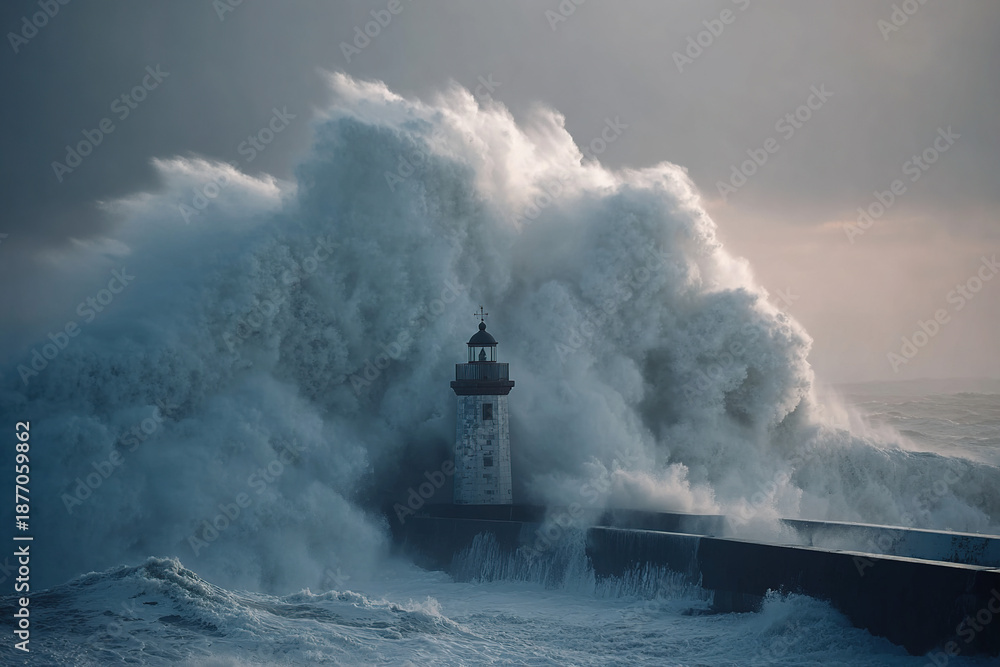 Fototapeta premium Dramatic stormy wave crashes against historic lighthouse on rocky coast