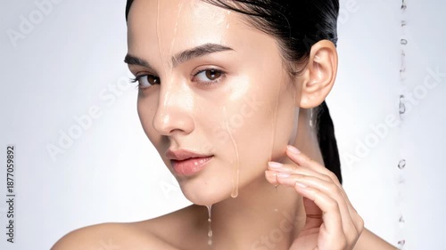Woman with Water on Face - Skincare Beauty