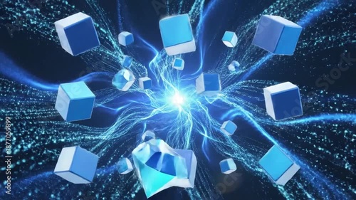 Abstract Blue Cubes and Diamonds Floating in Digital Space