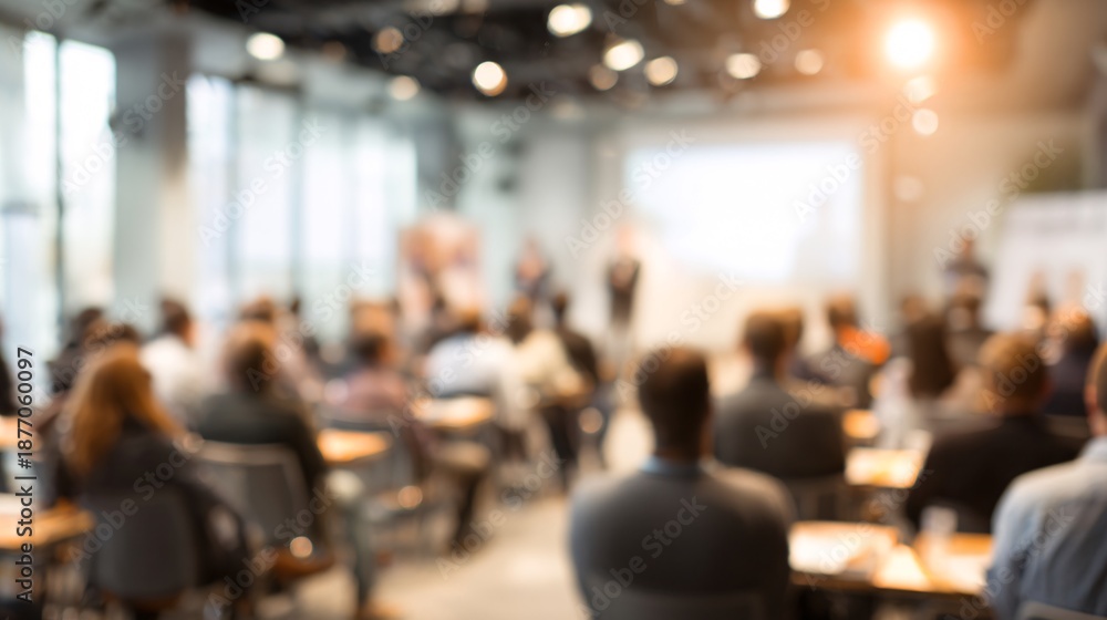 Fototapeta premium Blurred image of business conference with audience and presenter on stage