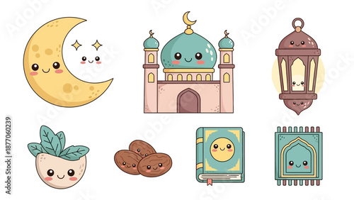 Cartoon Ramadan Symbols and Islamic Icons.