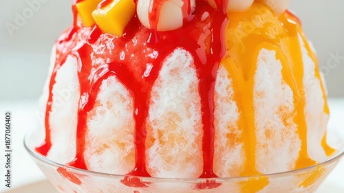 Delicious Shaved Ice Dessert with Strawberry and Mango Syrup Drizzle