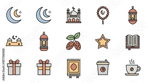 Ramadan Kareem Icons Set with Symbols.