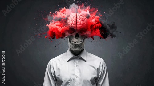 Exploding Brain Skull with Red Smoke, Abstract Concept of Mental Health Crisis