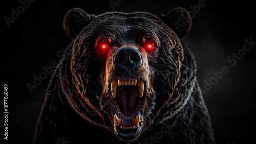 Fierce Black Bear With Glowing Red Eyes Roaring Aggressively in Darkness