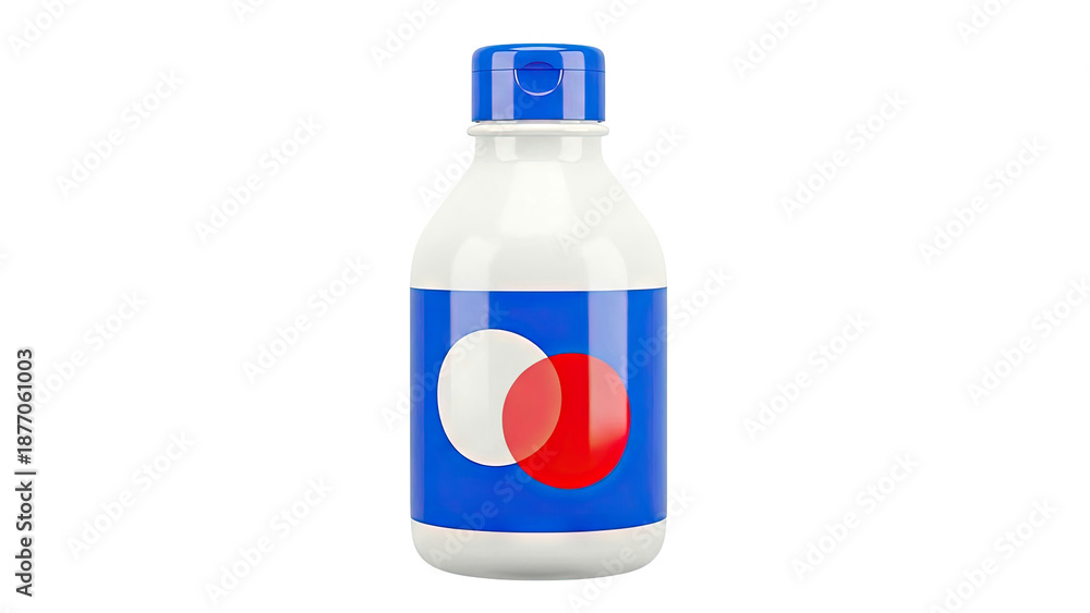 Fototapeta premium White bottle with blue cap and blue label with red and white circles