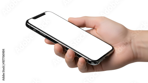 Adult hand supporting slim modern telephone featuring bright white screen area for content placement in bright lighting