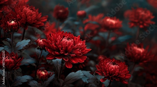 Close-up of vibrant red chrysanthemum flowers with dark moody background