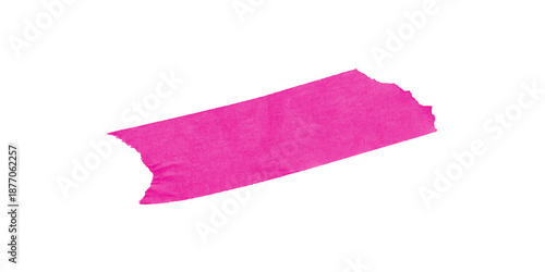 Long Title: Realistic Vibrant Pink Masking Tape Piece with Torn Ripped Edges and Detailed Paper Texture Isolated on Neutral Grey Background for Graphic Design Elements