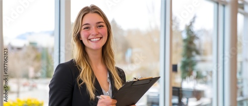 Smiling young woman holding clipboard indoors with natural light