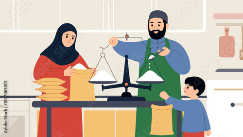 Family Preparing Zakat Fitrah during Ramadhan at Home with Rice Weighing and Packing