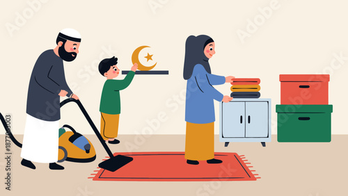 Family Preparing Ramadhan Prayer Corner with Care and Devotion