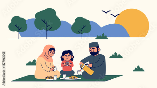 Ramadhan Iftar Picnic Scene in a Serene Park at Sunset Illustration