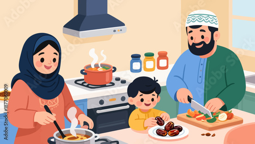 Ramadan family cooking together in a cozy kitchen illustration from a warm viewpoint