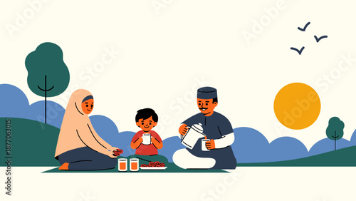 Ramadhan Family Picnic in Sunset Park - Minimalist Illustration from a Serene Ground View