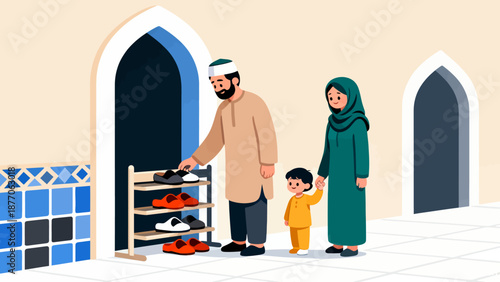 Family prepares for prayer at mosque entrance, holding shoe rack during Ramadhan illustration