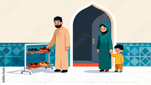Family Arriving at Mosque Entrance during Ramadhan with Shoe Rack Etiquette