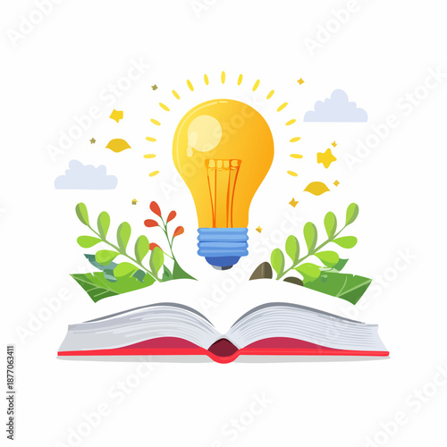 Open book with glowing lightbulb surrounded by leaves and clouds, symbolizing creativity and knowledge