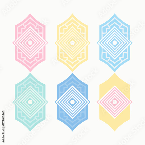A set of six ornate geometric shapes in pastel colors arranged in two rows on a plain background from a direct viewpoint
